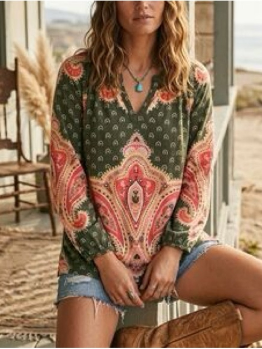 Lucky Brand Vintage Green Paisley Floral Print Long Sleeve Blouse Top